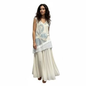 Deletta Anthropologie Gaelle Watercolor Floral Tunic Blue Cream Chiffon Size XS